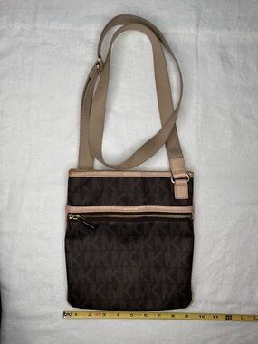 Michael Kors Dark Brown Monogram Crossbody with Tan Trim